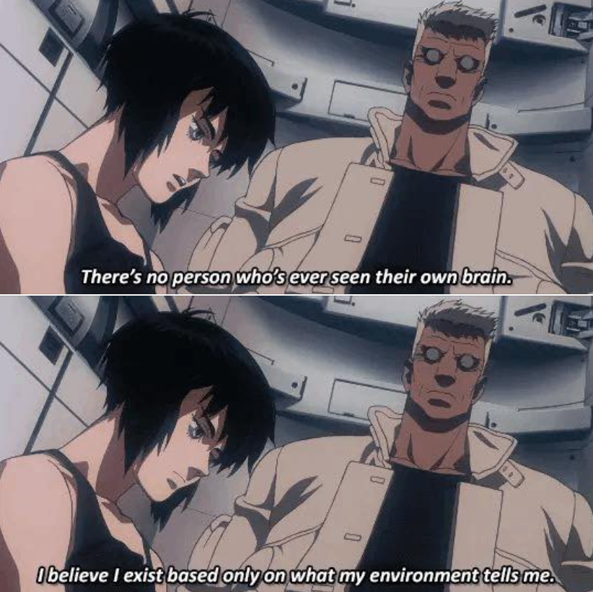 The meme features a screenshot from the movie "Ghost in the Shell: Stand Alone Complex" with a character, Motoko Kusanagi, and a man, Batou. The text "There's no one here like us, is there?" appears on screen. The meme is a humorous take on the character's introspection, poking fun at the idea that humans are unique in some way.